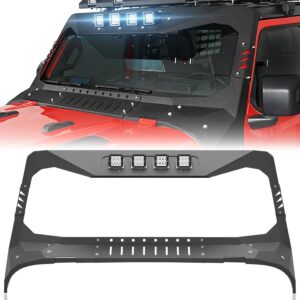 Windshield Frame Cover Madmax Roof Sun Visor Cowl Body Armor with 4 LED Lights Insert Compatible with 2018-2024 Jeep Wrangler JL JLU & Gladiator JT